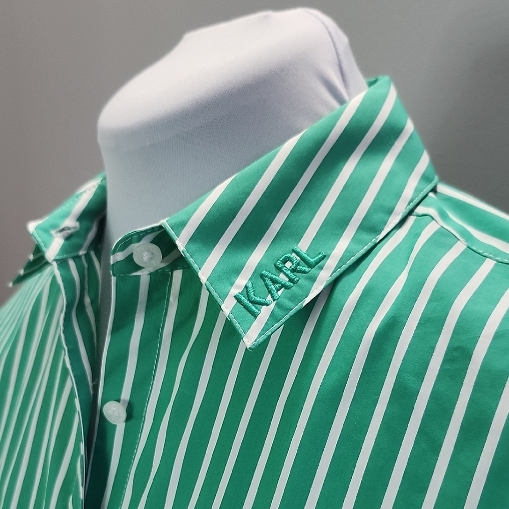 Karl Lagerfeld Green and White Striped Button-Down Shirt - Picture 2 of 14